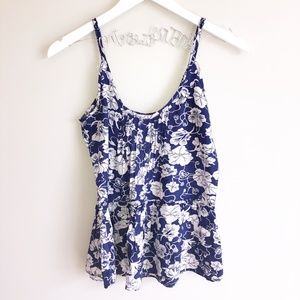 🔴 Tank Top Floral Print Blue and White Shirt